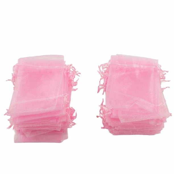 100 bolsas de organza de 10 x 15 cm, transparentes, con cordón, para regalo, de malla, portátiles, para joyería, con cordón para boda, color rosa