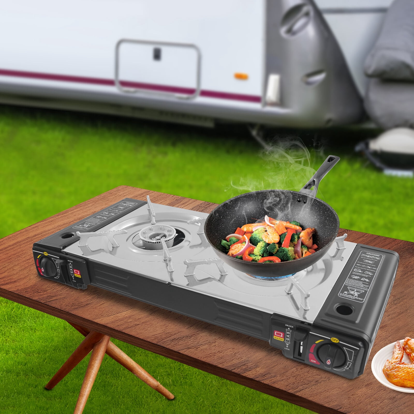 2 Burner Camping Stove Grill 2500W Portable Non-Stick Griddle Gas Stove Gas Cooktop for Outdoor Cooking Picnic Backyard BBQ