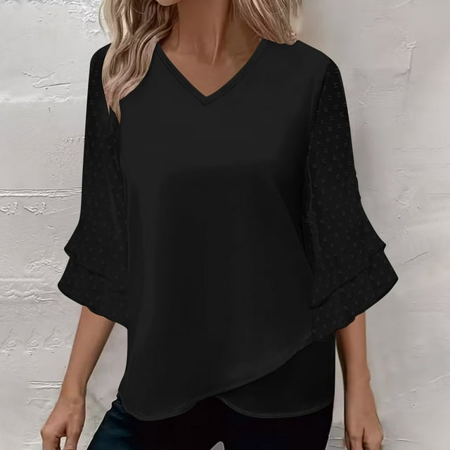 HongQid Womens Ruffle 3/4 Sleeve V Neck Double Layers Summer Spring Blouses Dressy Tops