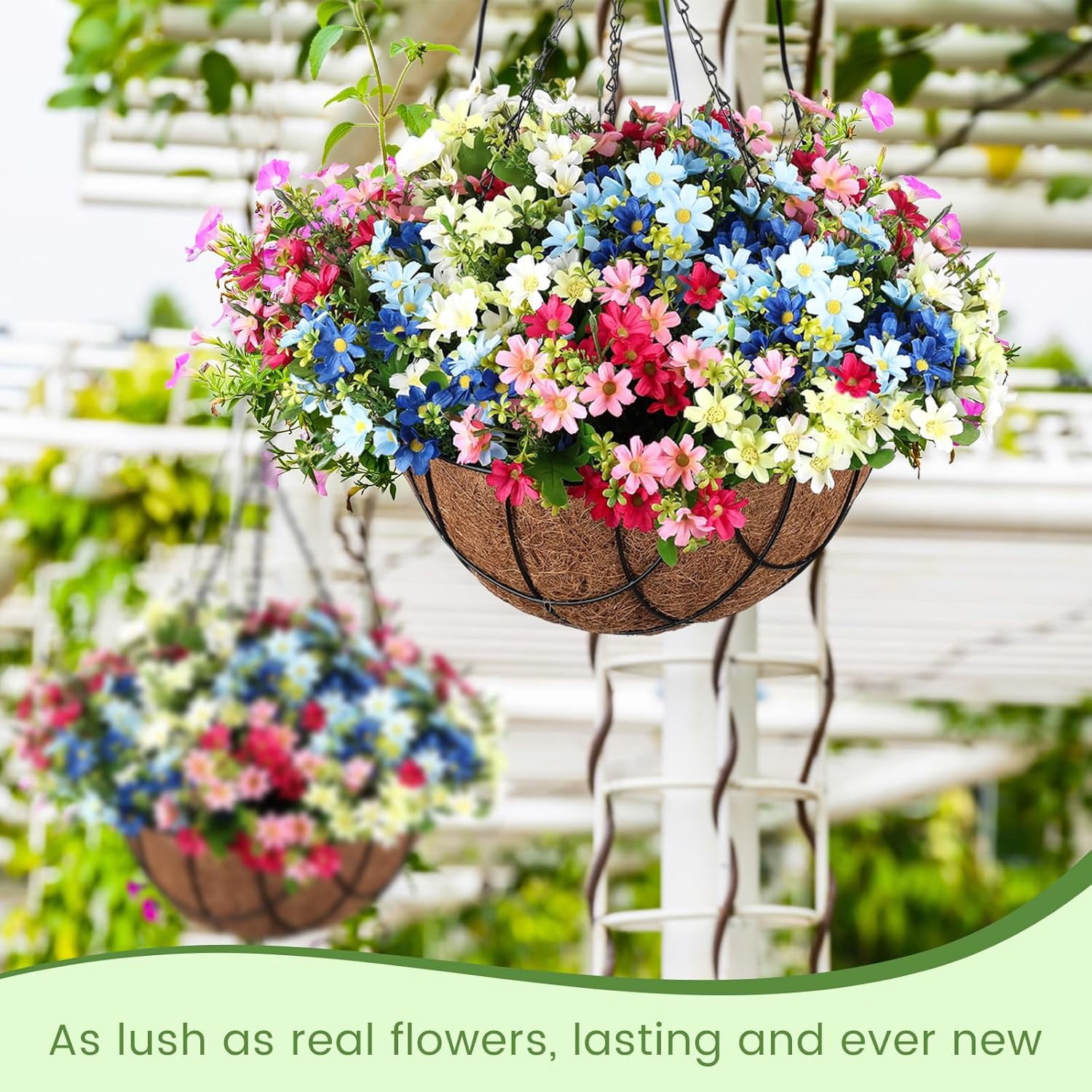 2 Pack Artificial Hanging Baskets with Flowers for Outdoors Fake Hanging Plants for Spring Summer Porch Home Decoration Artificial Daisy Flower Arrangement in Coconut Lining Baskets(Mix Color)