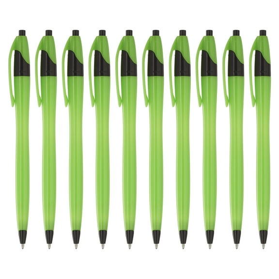 10 Accent Click Action Pens Pack - Plastic, Curvy, Vibrant, Black Ink - Lime Green