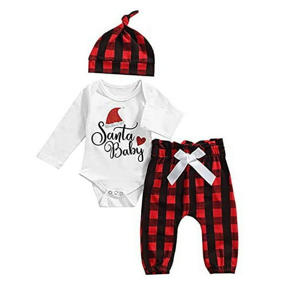 StylesILove Unisex Infant Baby Boys Girls Santa Baby Long Sleeve Bodysuit, Plaid Pants and Hat 3pcs Christmas Holiday Outfit (18 Months)