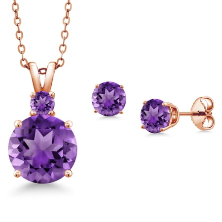 Gem Stone King 18K Rose Gold Plated Silver Round Purple Amethyst Pendant and Earrings Jewelry Set for Women (4.46 Cttw, Gemstone Birthstone, with 18 inch Chain)