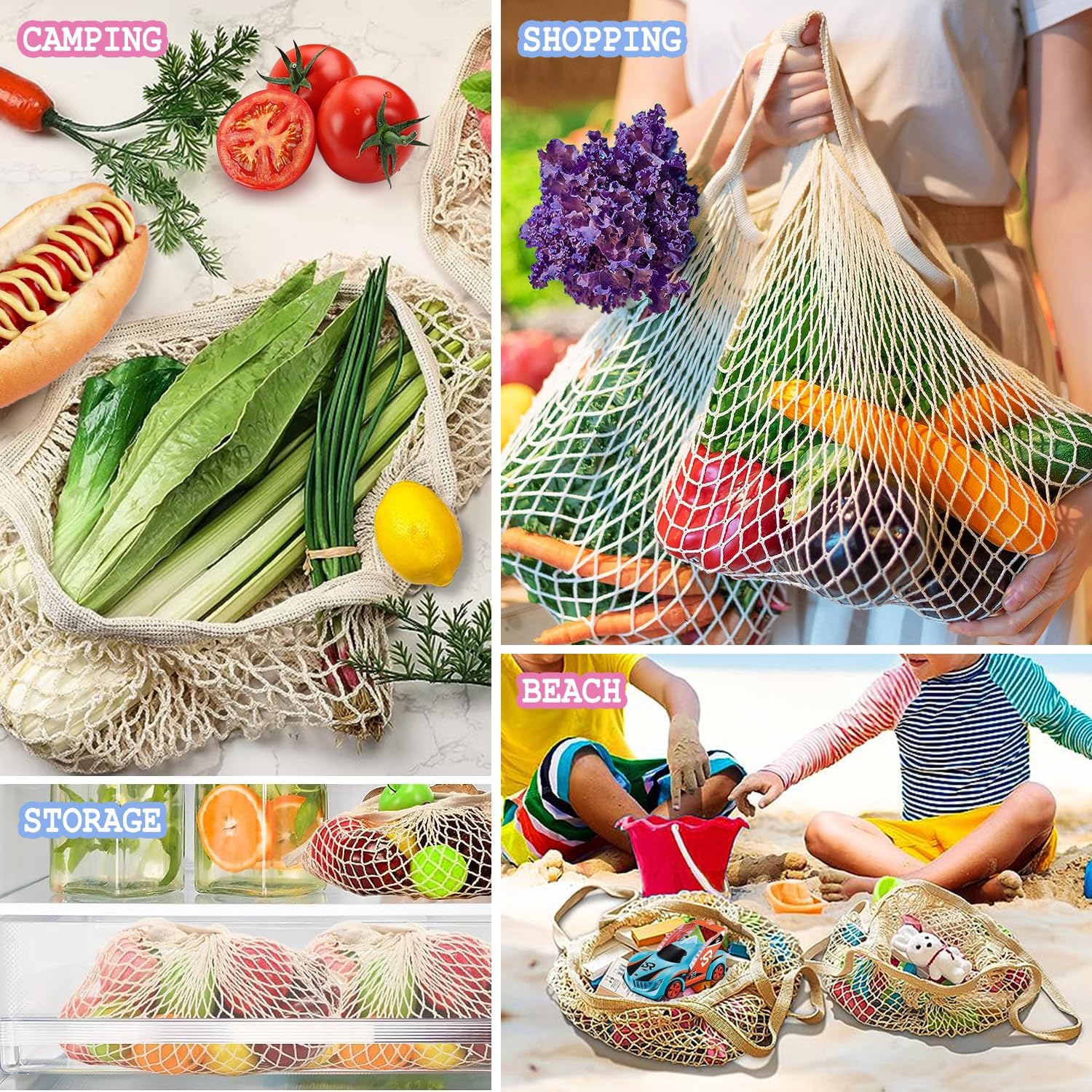 YEKEYI Net Shopping Bag Reusable Grocery Bags Net Storage Bag Long Handle Cotton Mesh Net Tote Bag Fruit Vegetable Net Bags Organizer