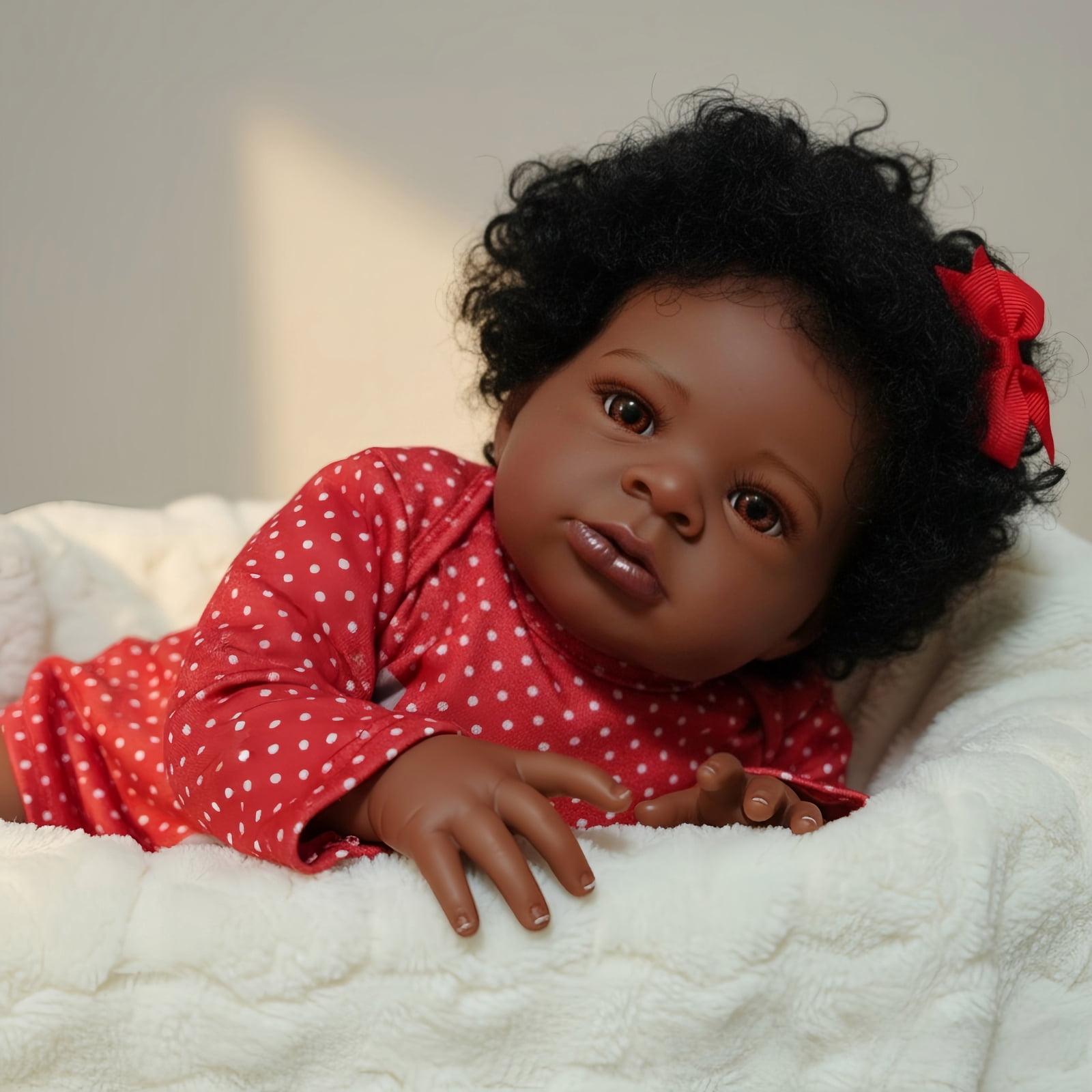 20 Inch Reborn Baby Doll Black Doll, Lifelike Baby Doll with Soft Cloth Body, Hand Rooted Curly Hair, Realistic African American Doll Toy for Kids Age 3+