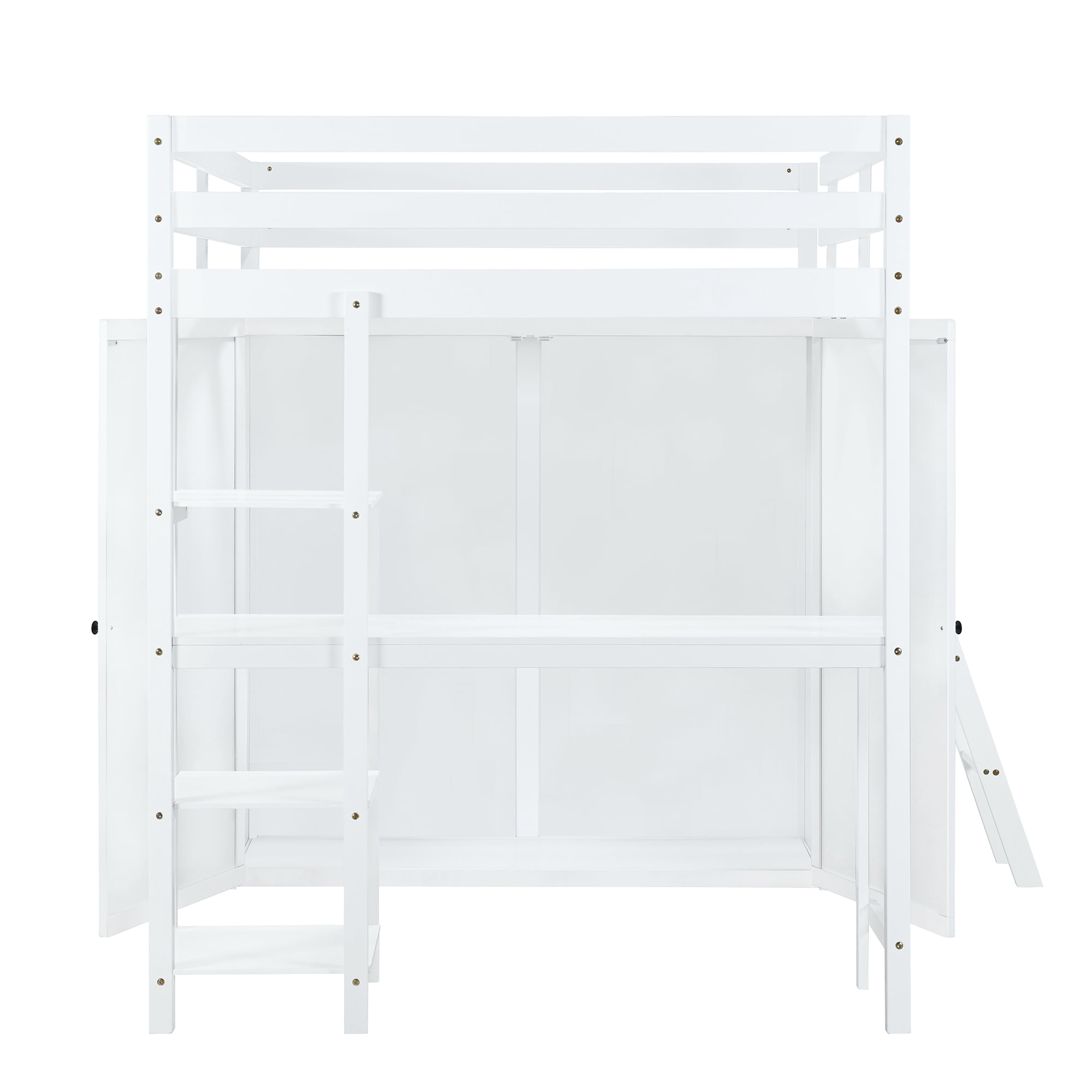 Aukfa Loft Bed with Wardrobe, Wood Full Size Loft Bed with Desk and Shelves for Kids Adults - White