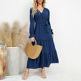 thumbnail image 2 of Riforla Women Casual Solid Maxi Dress V Neck Large Swing Dress Belt Long Sleeve Long Wedding Party Dresses Blue L, 2 of 6