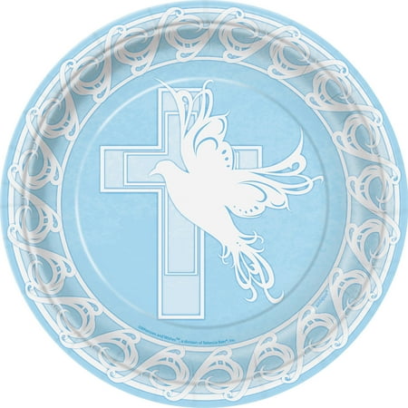 9" Blue Dove Cross Religious Party Plates, 8ct