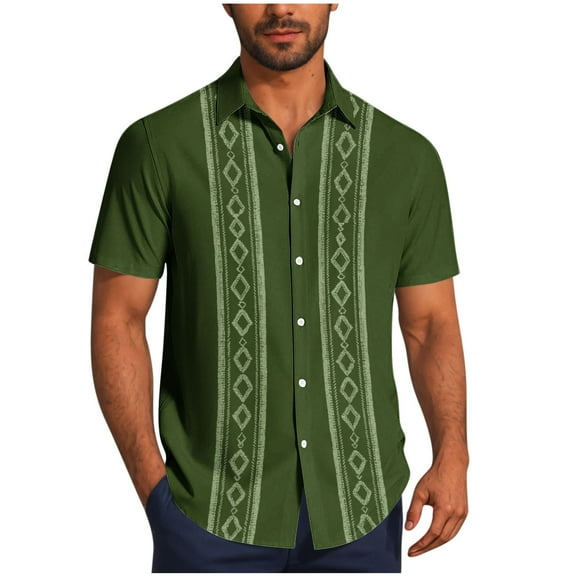 ZCFZJW Cuban Guayabera Shirts for Men Vintage Striped Printed Short Sleeve Casual Button Down Hawaiian Shirts Summer Vacation Tshirts Army Green XXL