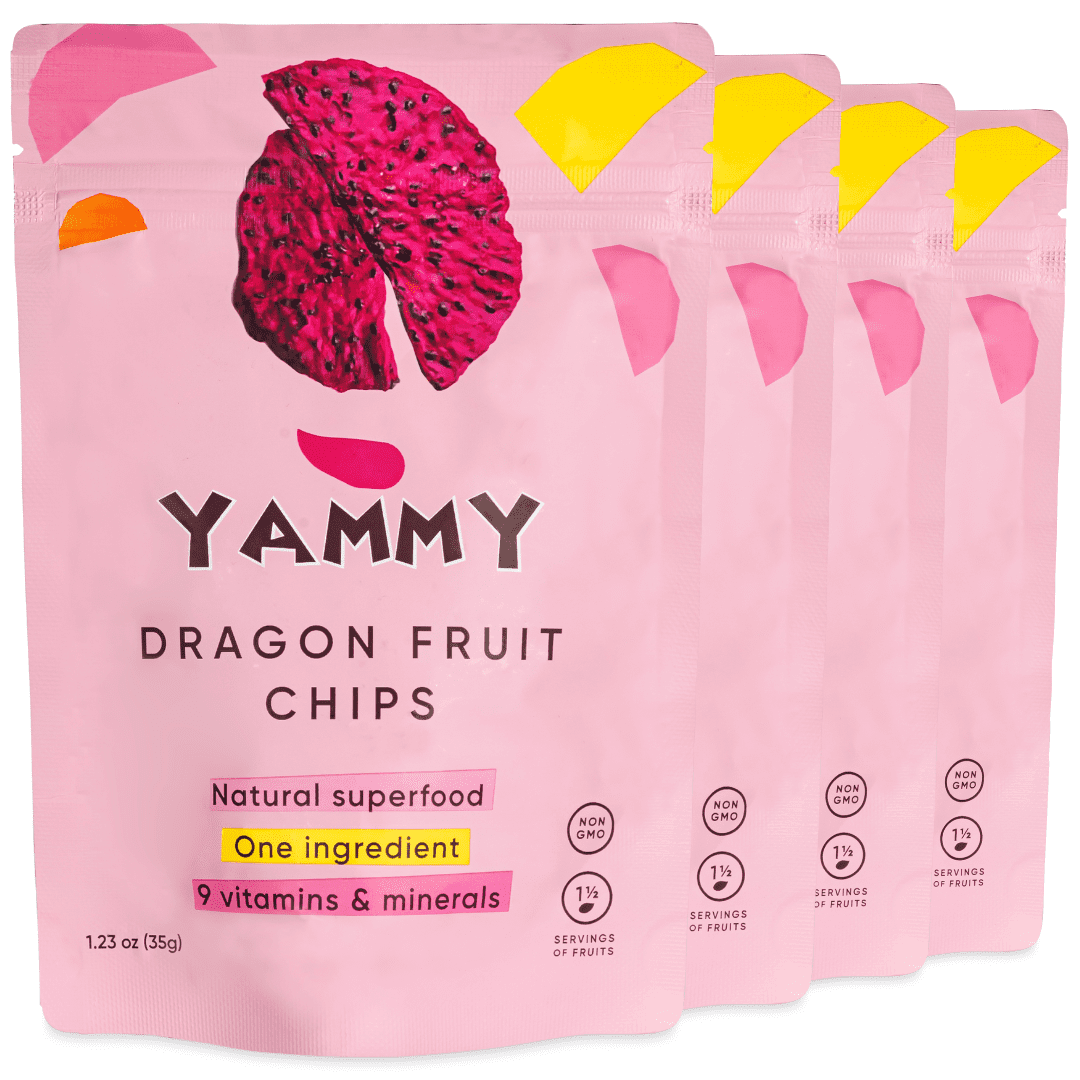 Yammy Dried Dragon Fruit Chips, 1 Ingredient Superfood Snack, Crunchy Like Freeze Dried Fruit (Pack of 4)