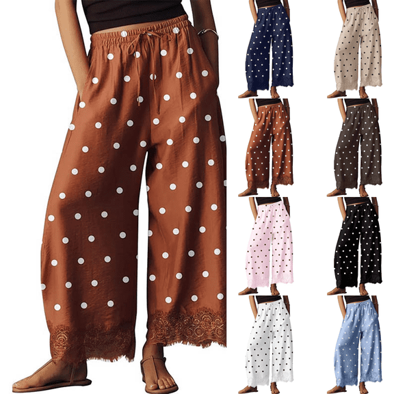 Lace Trim Wide Leg Pants for Women 2026 Spring Summer Fall Cropped Lightweight Casual Pants