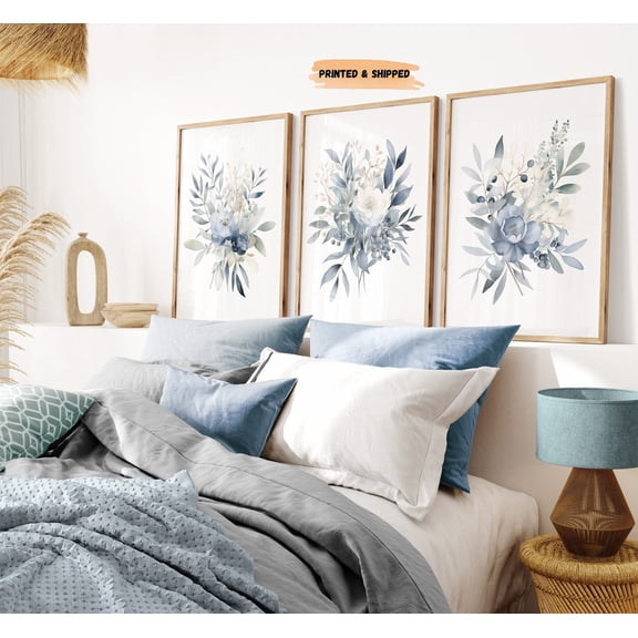 Botanical Wall Art Blue Beige Wildflower Set 3 Unframed Paper Print 8x12