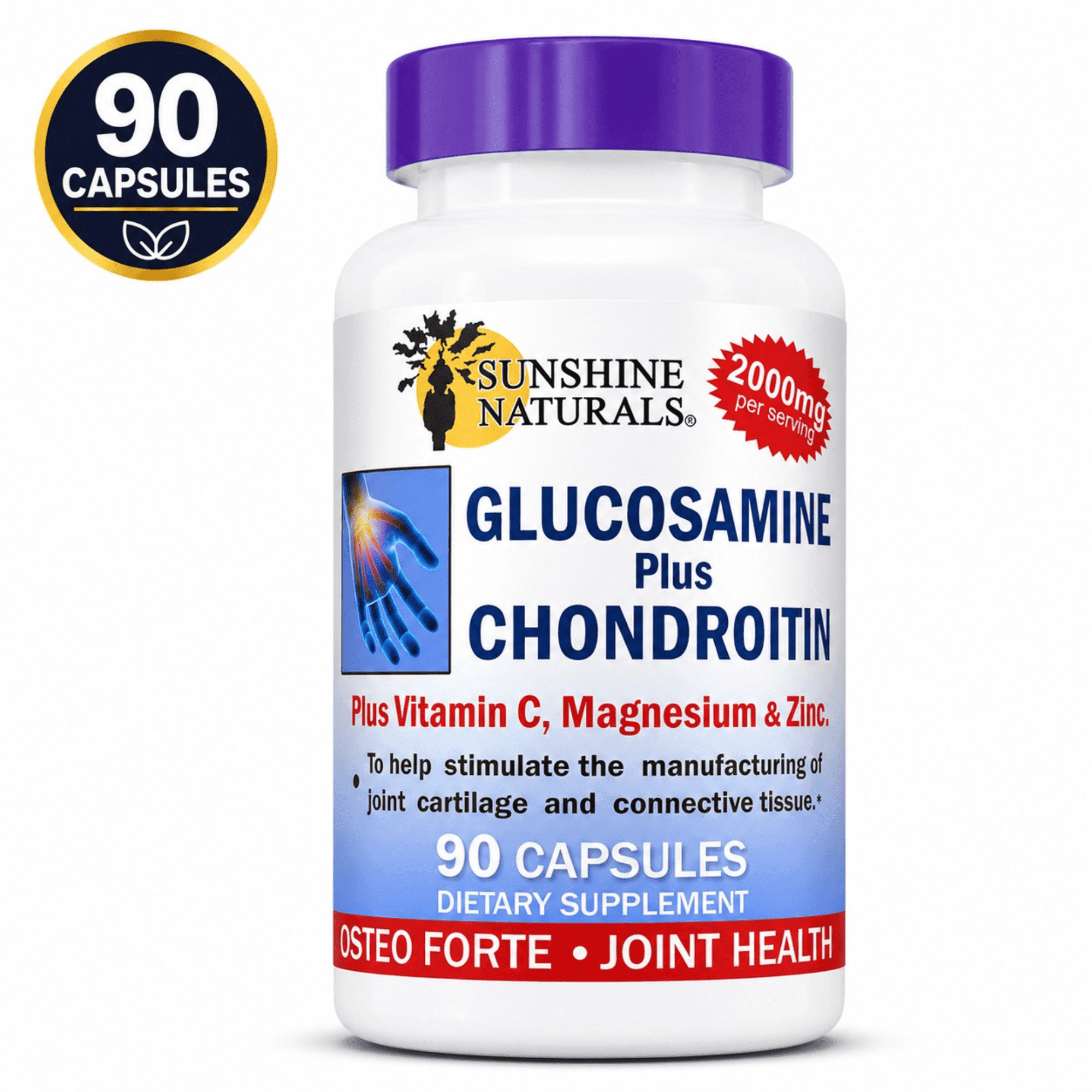 Sunshine Naturals Glucosamine Sulfate Plus Chondroitin Sulfate, Bone and Joint Supplements, Dietary Supplements - 90 Capsules