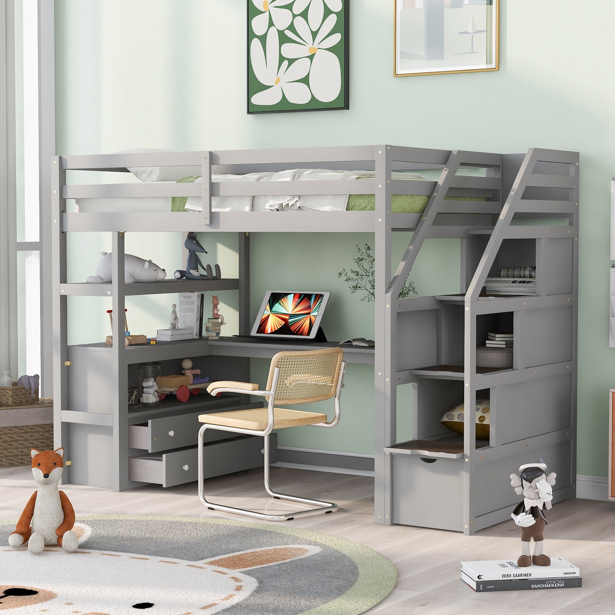 Euroco Wood Twin Size Loft Bed Frame with Desk, Shelves and Drawers for Kids Teens, Gray