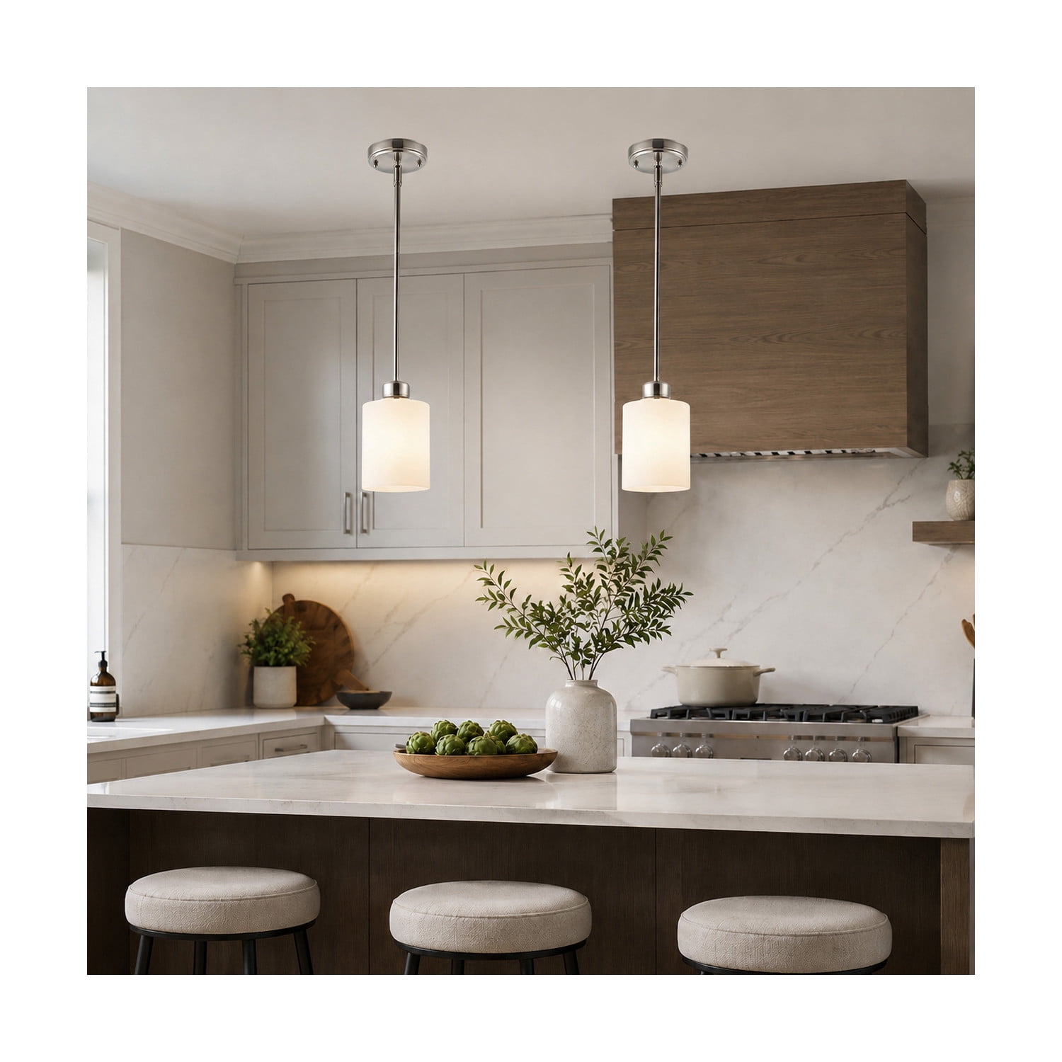 Satin Nickel Haddie 1-Light Mini Pendant, Dimmable with Frosted Glass Shade, Sloped Ceiling Compatible, 2-Pack