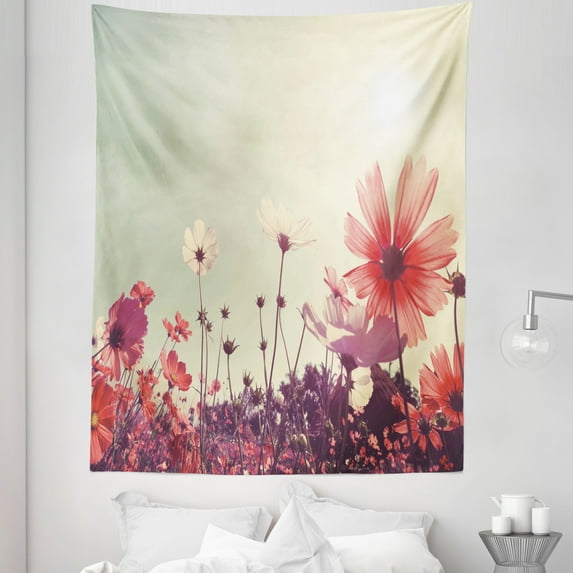 Floral Tapestry, Flower Garden with Open Sky and Vintage Cosmos Plant Art Photo, Fabric Wall Hanging Decor for Bedroom Living Room Dorm, 5 Sizes, Sky Blue and Dark Coral, by Ambesonne