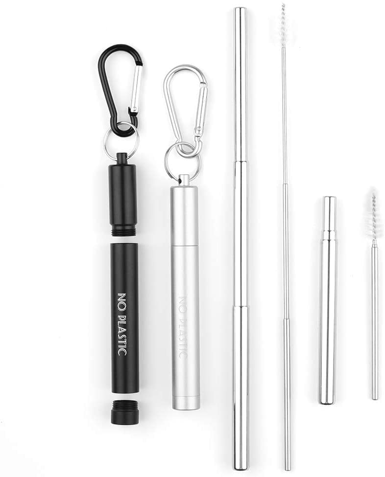 Reusable Stainless Steel Straws with Aluminum Keychain Case and Cleaning Brush 