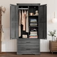 thumbnail image 6 of Blotout 2 Door Farmhouse Armoire Wardrobe Closet With 2 Drawers, 70" Tall Wooden Wardrobe Cabinet with Hanging Rod and Adjustable Shelves for Bedroom, Grey, 6 of 8