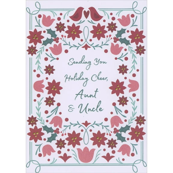 Designer Greetings Two Red Birds Above Red and Pink Flower Border Christmas Card for Aunt and Uncle