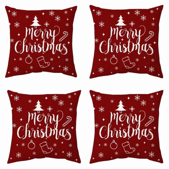 Soft Plush Christmas Throw Pillow - Red Background White Merry Christmas Snowflake Decor (18x18 Inch)