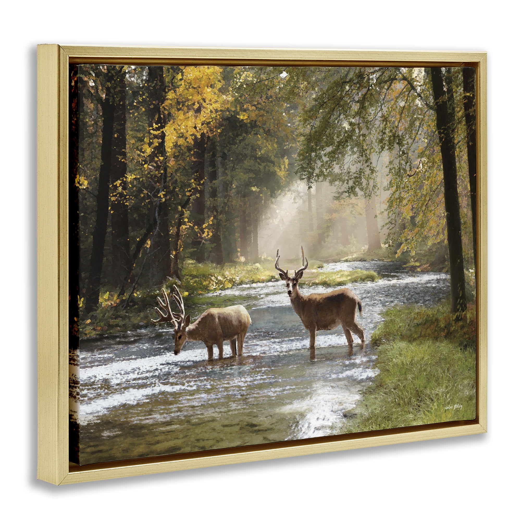Stupell Industries Deer Grazing in Creek Landscape Painting Gold Floater Framed Art Print Wall Art, 31 x 25