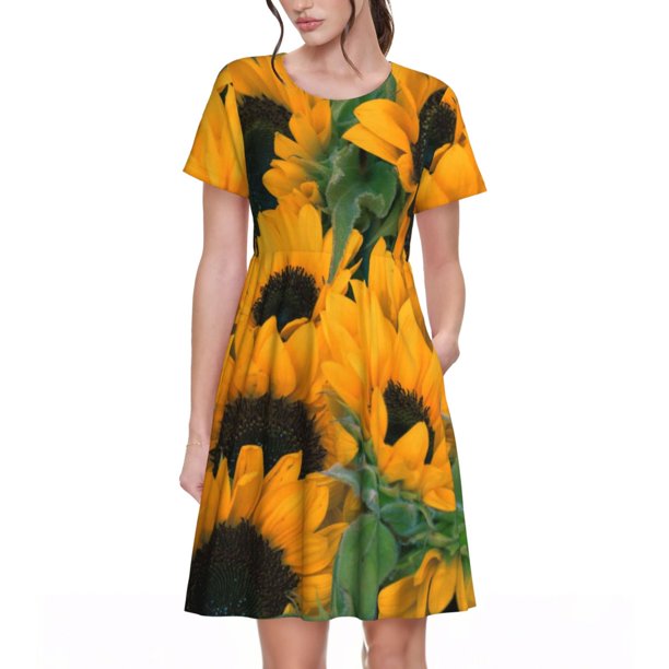 Fotbe Sunflowers 7 Vestido Largo de Moda para Mujer, Vestido Tipo Camiseta con Manga Corta y Estilo Casual a Rayas y Bloques de Color