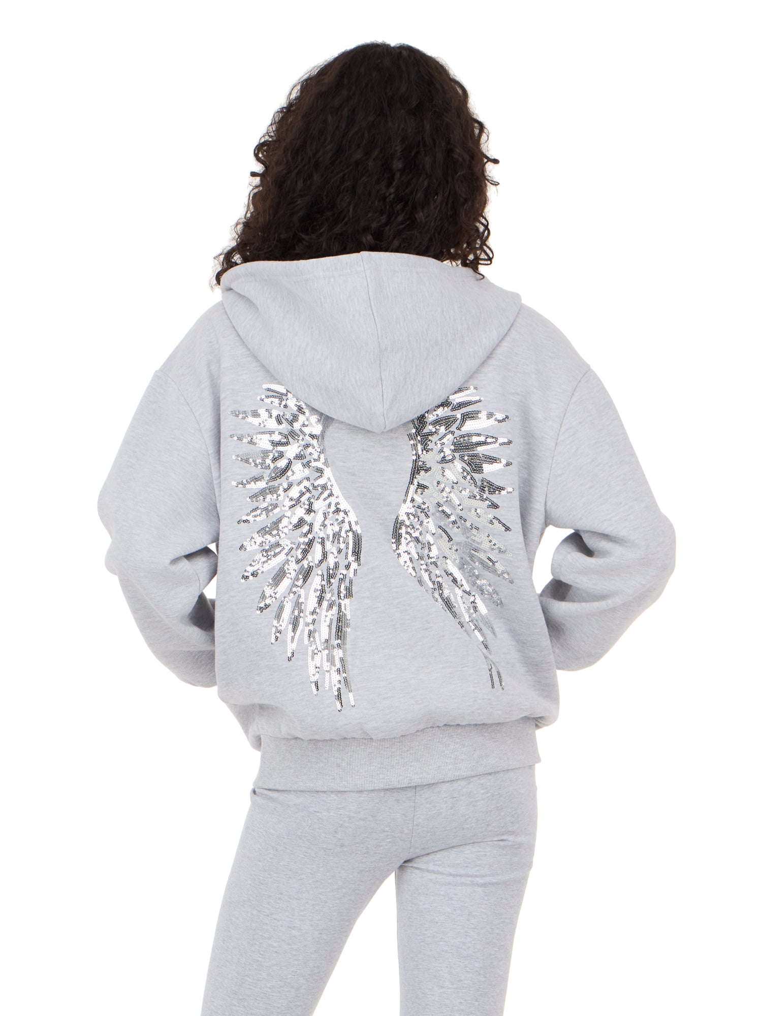 Forever 21 Women's Fleece Zip Up Hoodie with Front and Back Graphic Detail, Relaxed Fit Sweatshirt Jacket, Casual Everyday Layering Style, Grey, XXS-4X