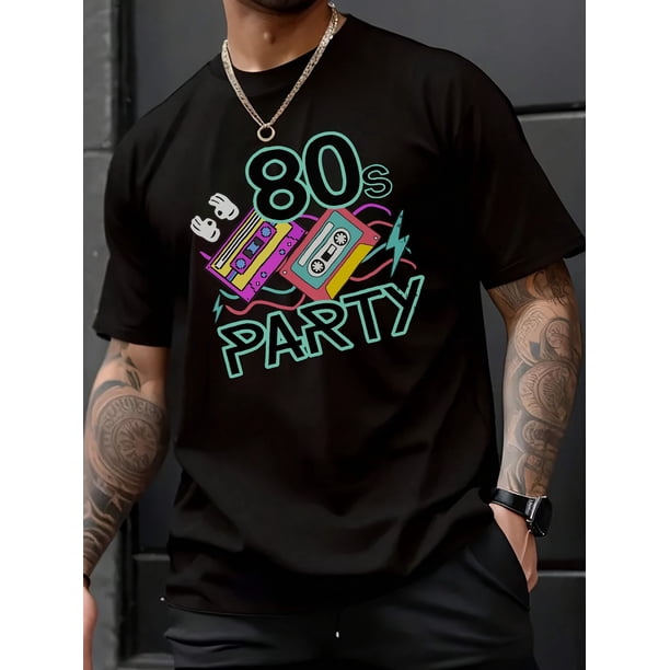 Camiseta informal con estampado creativo "Fiesta de los 80" para hombre, manga corta, corte cómodo, cuello redondo, estilo urbano, para uso diario.