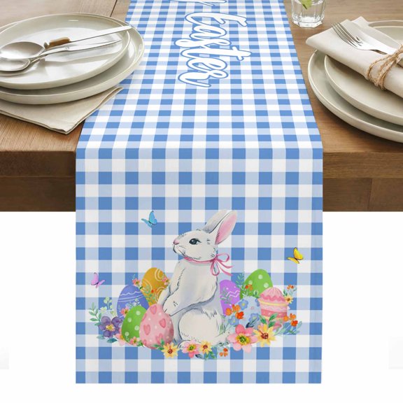 Easter Table Runner - 60 Inch Long, Kitchen Dining Table Runner Dresser Scarves, Spring Watercolor Bunny Eggs Butterflies Blue Plaid Farmhouse Decor for Coffee Tables Wedding Party Banquet
