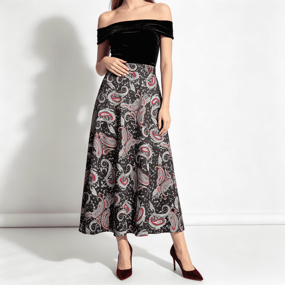 Women's Black Base Red Paisley Print Mermaid Midi Skirt, High Waist Flowy A-Line Woven Casual Skirt with Hidden Side Zipper