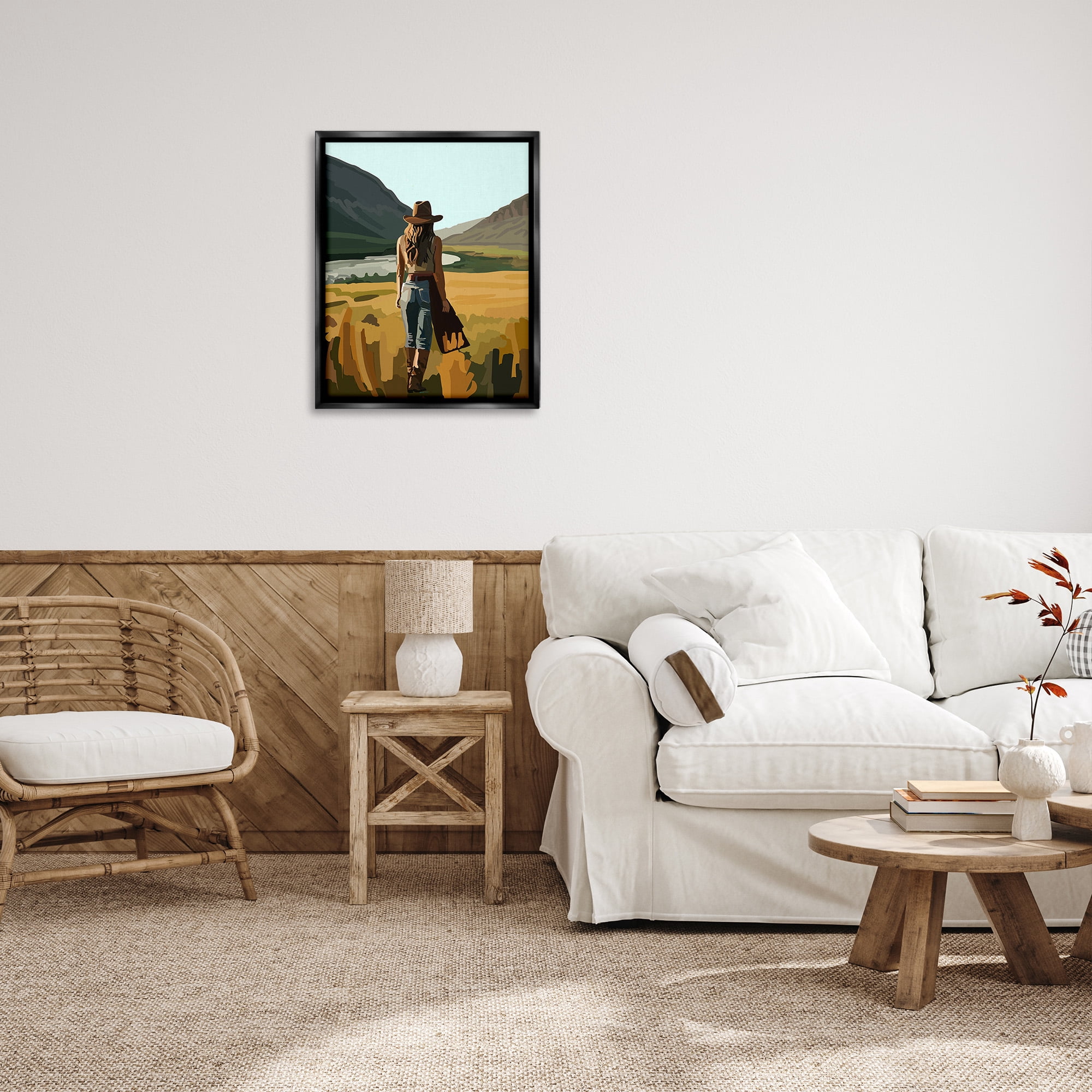 Stupell Industries Strolling Cowgirl in Desert Landscape Painting Black Floater Framed Canvas Art Print Wall Art, 25 x 31