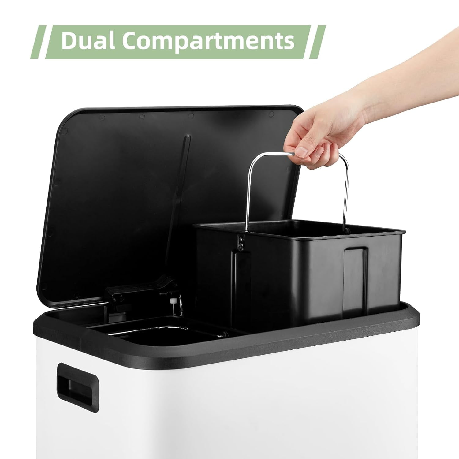 30L Dual Trash Can, 2 x 4 Gallon Stainless Steel Kitchen Trash Can with Lid and Foot Pedal, Double Compartment Garbage Can with Recycling Bin