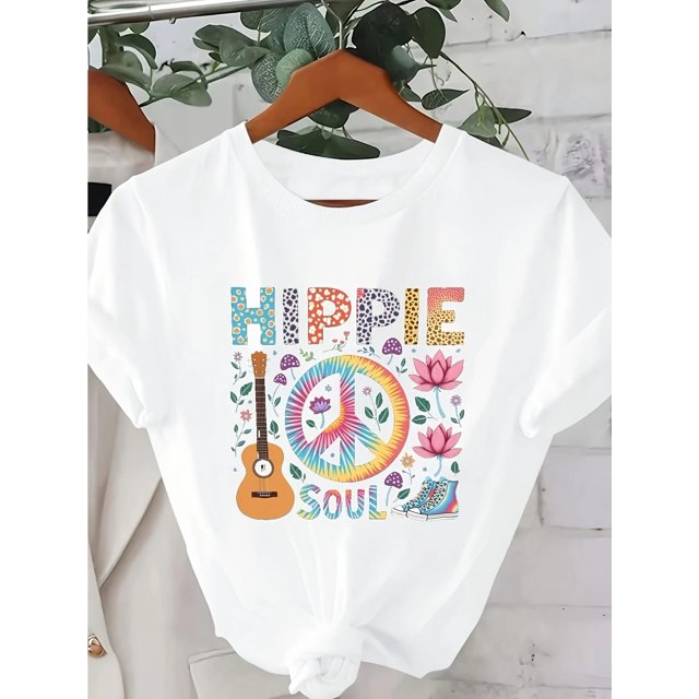 Women'S "Hippie Soul" Graphic Tee - Casual Crew Neck Short Sleeve TShirt with Ukulele & Floral Design, Soft & Breathable Knit Fabric