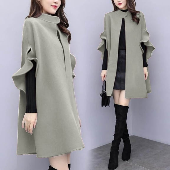 Joernso Women Winter Coat Solid Color Ruffle Formal Elegant Big Hem Midi Length Long Sleeves Cardigan Stand Collar Lady Cloak Coat for Dating
