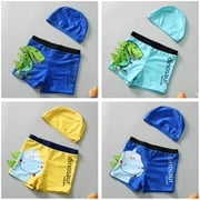 Volkmi 2pcs Polyester Boys Swimming Shorts Cartoon Boxer + Swimming Cap Suit 1-12 Years Old Sky Blue l 1-3Y