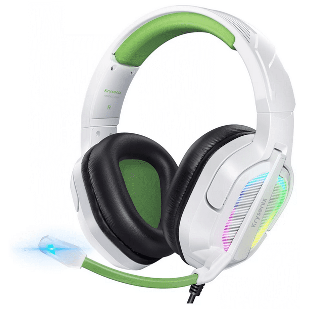Auriculares Para Juegos Con Cancelación De Ruido Krysenix Color Blanco Luz Verde Claro