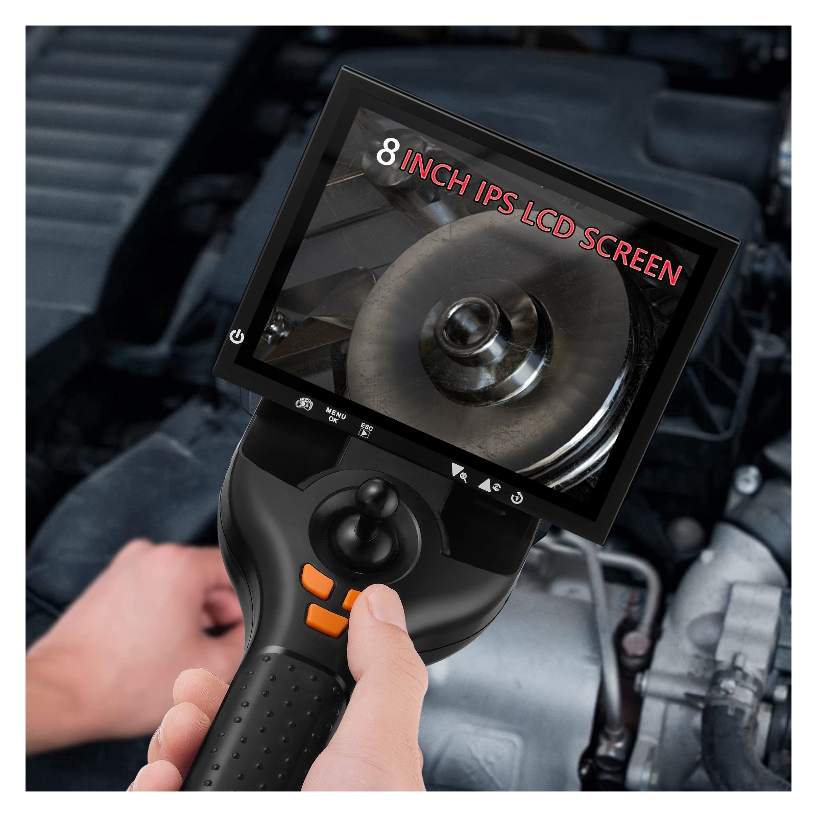 720° 4-Way Rotation Articulating Borescope IP67 Probe Automotive Endoscope Inspection Camera 8 Adjustable LED Light 8in Display for Measurement