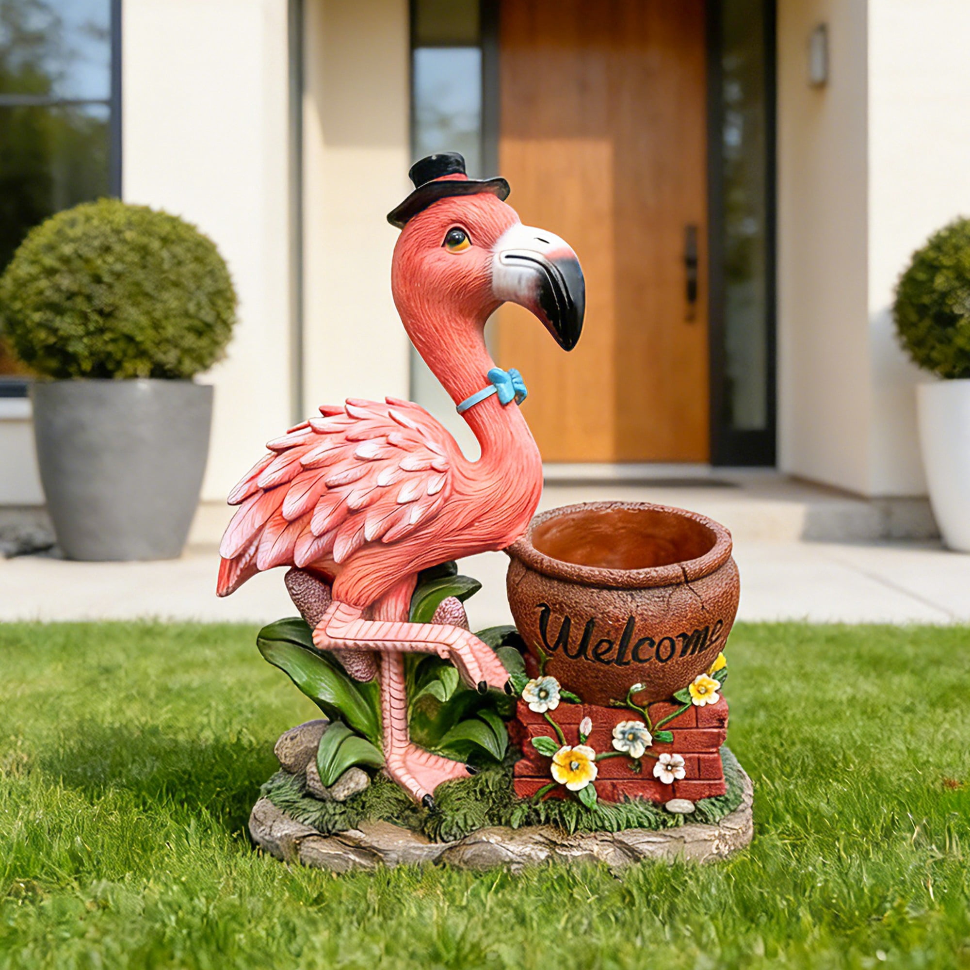 Aukfa 26.8" Solar Flamingo Garden Statue with Planter Pot, Pink Resin Outdoor Flamingo Planter with LED Lights, Welcome Yard Decoration for Patio, Lawn, Porch, Garden Gift