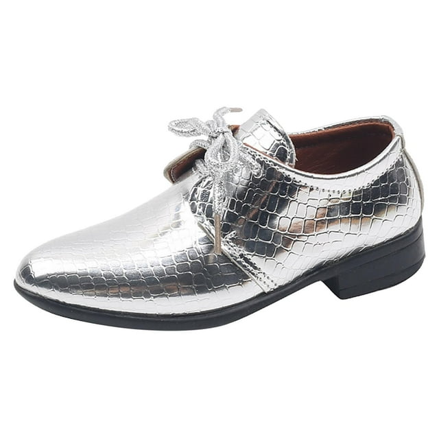 MEZZALL Boys Leather Shoes Four Seasons Floral Fashion Simple And Solid Color Comfortable Non-Slip Lace Up Pointed Toe Dance Performance Shoes Breathable Toddler Footwear, Silver, 21
