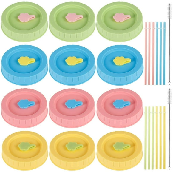 12pcs Colorful Plastic Mason Jar Lids Set Fit for 70mm Wide Mouth Durable Silicone Canning Jars Lids with Straw Hole Cleaning Brushes and Straws BPA Free for Drinking and Food Storage