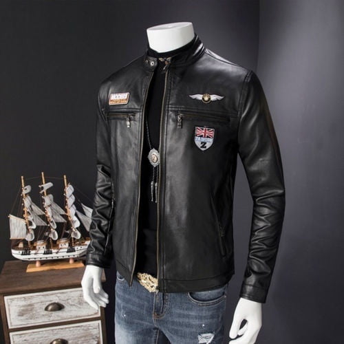 Hot Fashion Men´s Slim Fit Stand Collar Motorcycle Biker Leather Jacket Coat Outwear