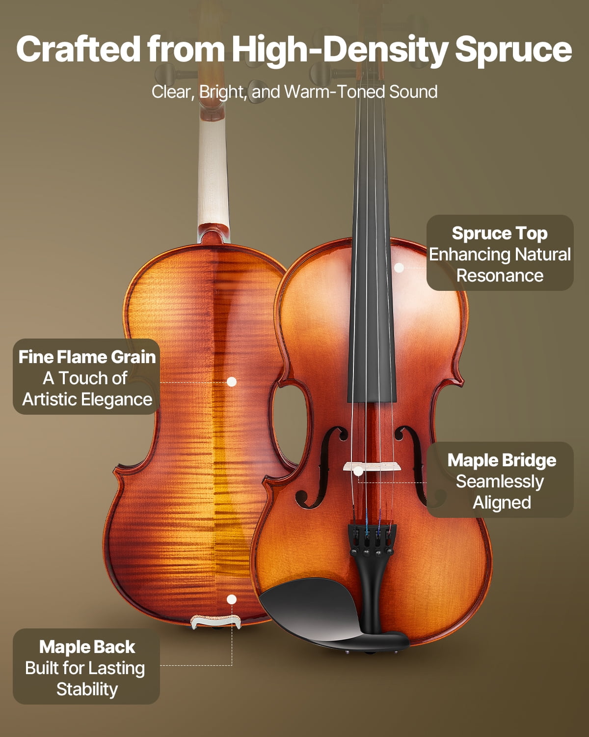 VEVOR Violin 4/4 Full Size for Adults, Violin Fiddle Set for Beginners Student with Hard Case,Rosin, Bow,Shoulder Rest,Bridge,Extra Strings,Professional Solidwood Instrument (Glossy Brown Patterned)