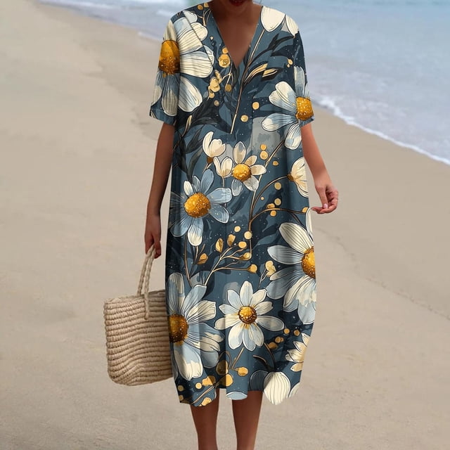 Ovzne Robes Grande Taille pour Femmes Rondes Robe de Plage Femmes Été Poches Imprimées Robes Amples Col en V Manches Courtes Robes Grande Taille Manches Courtes Imprimées Liquidation
