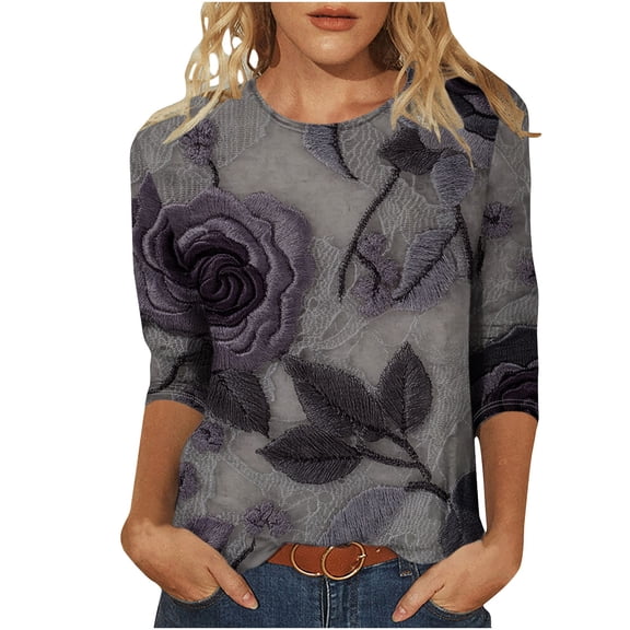 SwiftWear Casual Vintage Floral Graphic Tshirt for Women Soft 3/4 Sleeve Tee Loose Fit and Classic Crew Neck​ Basic Tops