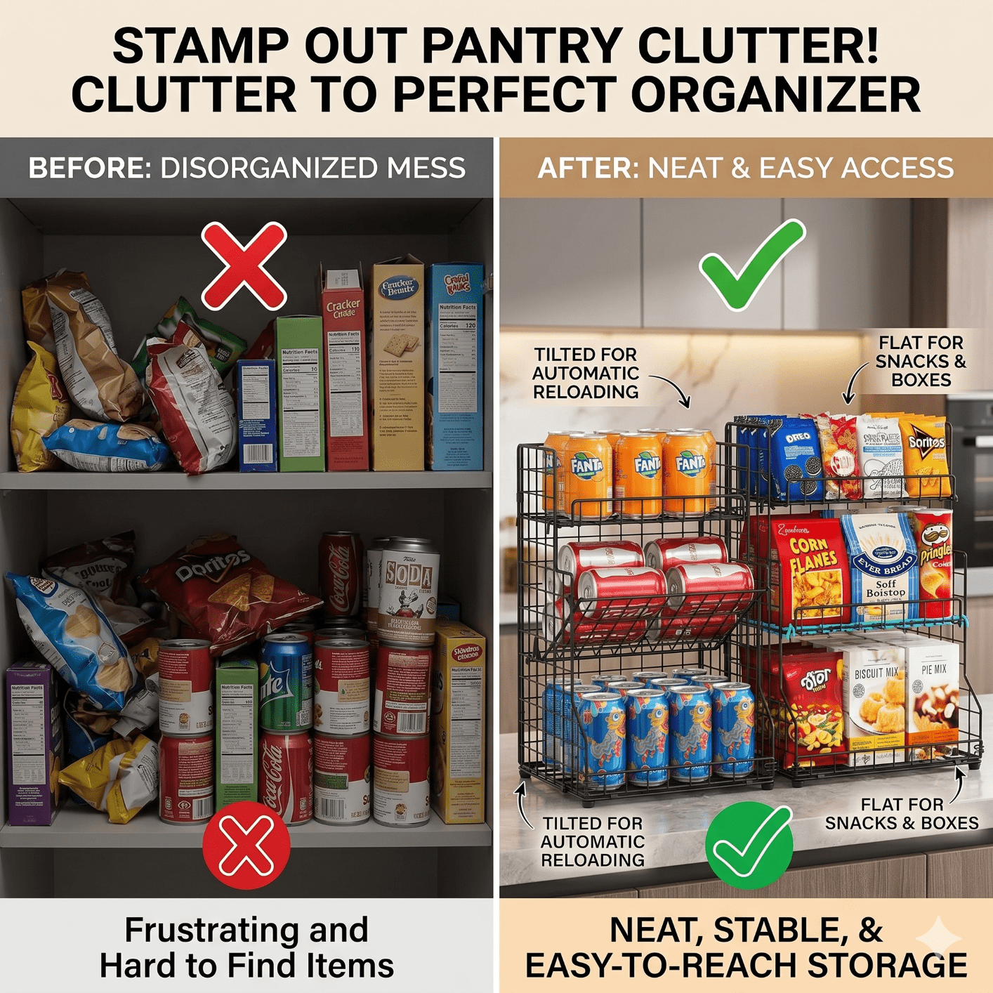 X-COSRACK 3-Tier Snack Organizer Rack, Foldable Metal Wire Canned Food Holder with Adjustable Tilt, 11.8"x9.4"x16.5"