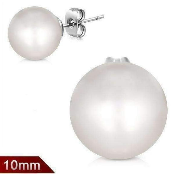 Classic White Pearl Bead Solitaire Stud Earrings on Stainless Steel