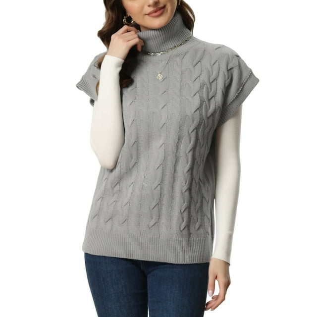 INSPIRE CHIC Chandail Femme Couleur Unie Col Roulé Gilet Manches Courtes Chandail Torsadé TG Gris