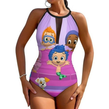 Fun Bubble Guppies Womens One Piece Swimsuit Summer Beach Holiday Bathing Suit Sexy Back Mesh Design Tummy Control Swimwear Swimming Suit