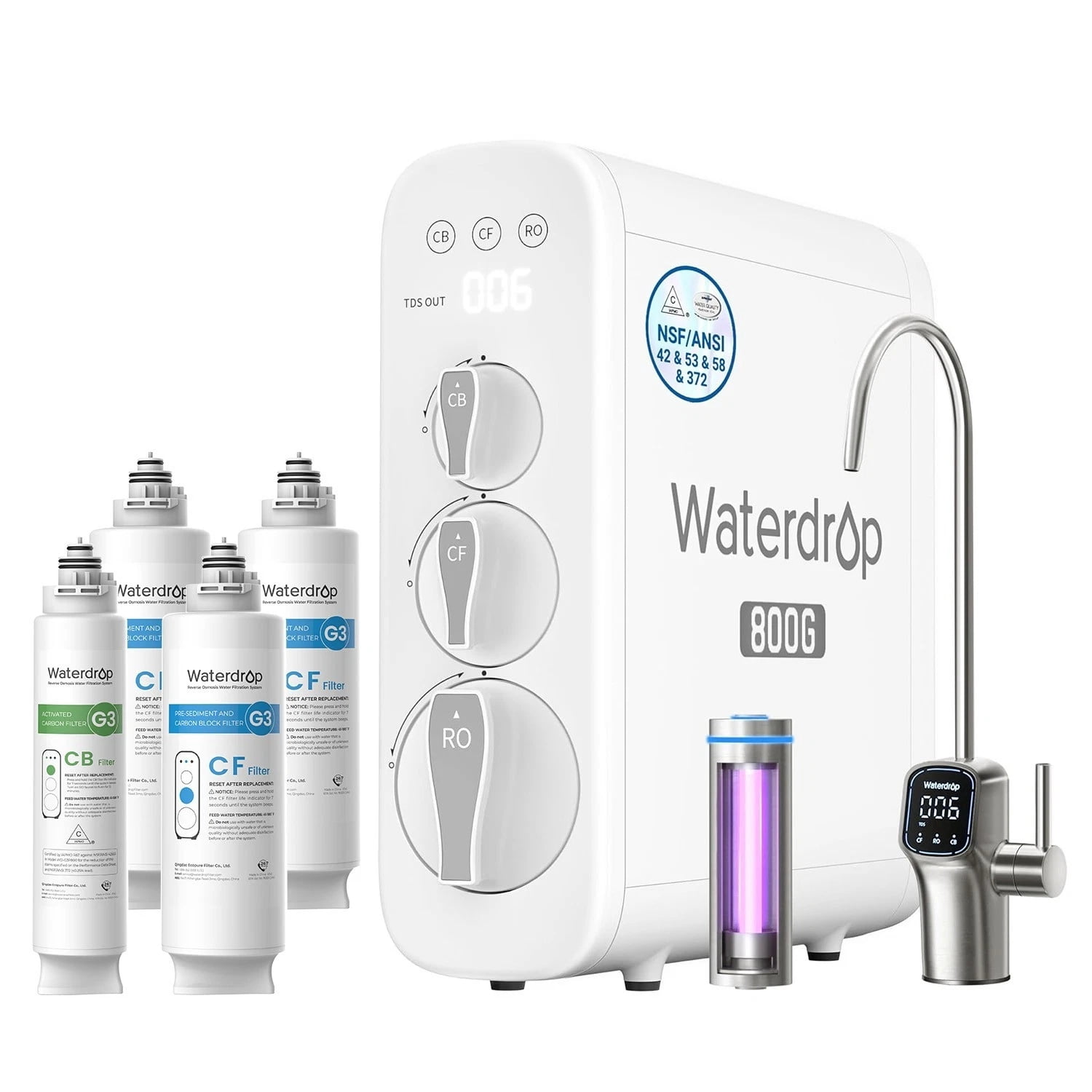 Restored Waterdrop G3P800 Reverse Osmosis System, 800 GPD Fast Flow, NSF/ANSI 42 & 53 & 58 & 372 Certified, 3:1 Pure to Drain, Tankless Under Sink RO Water Filter System,Extra 4 filters (Refurbished)