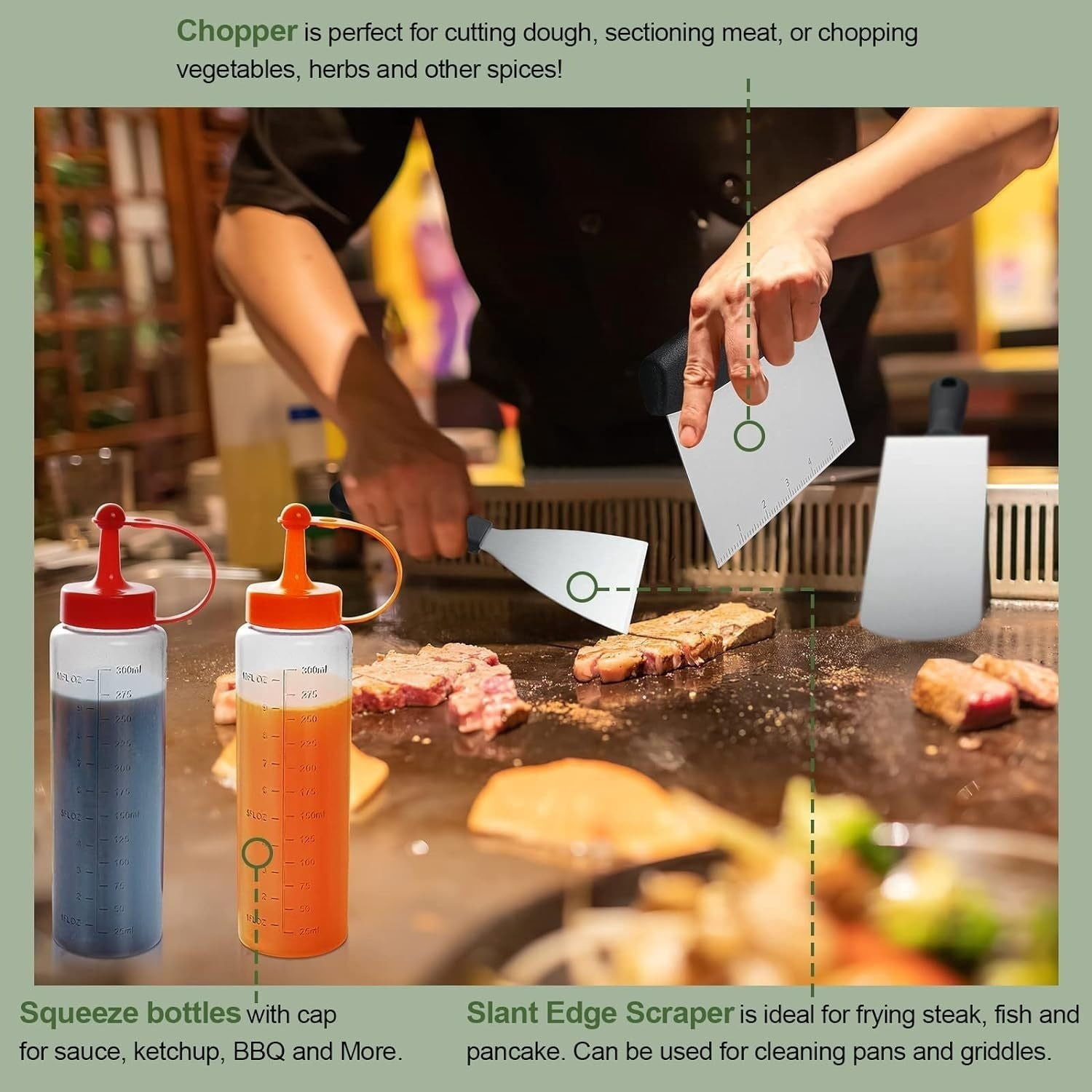 3PCS Griddle Scraper Set, Stainless Steel Metal Spatula and Scraper for Blackstone, Flat Top Grill Accessories